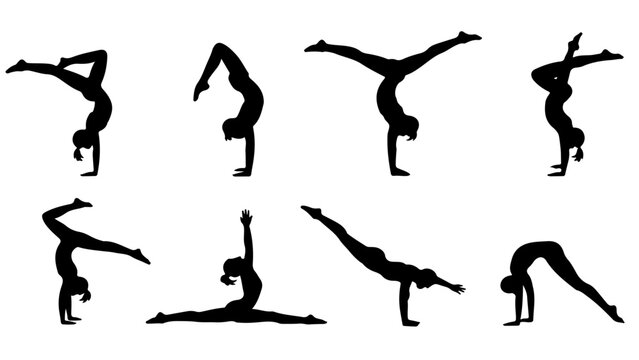 Six acrobatic handstand and cartwheel poses in silhouette style