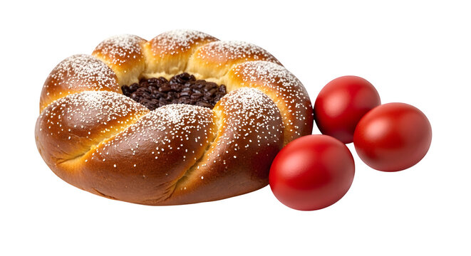 Greek tsoureki Easter bread and red dye eggs, isolated on white or transparent background. PNG