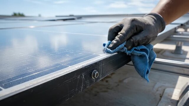 Solar panel cleaning using microfiber cloth and protective glove for maintenance and energy efficiency under clear sky, renewable energy technology care outdoors with blue cloth