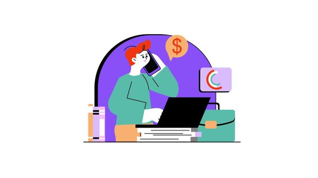 Animated freelancer multitasking on laptop and phone with analytics
