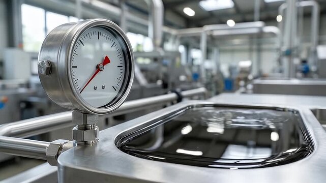 Pressure gauge stainless steel industrial machine factory equipment metal dial pipeline liquid machinery close up technology precise measurement clean modern environment bright background