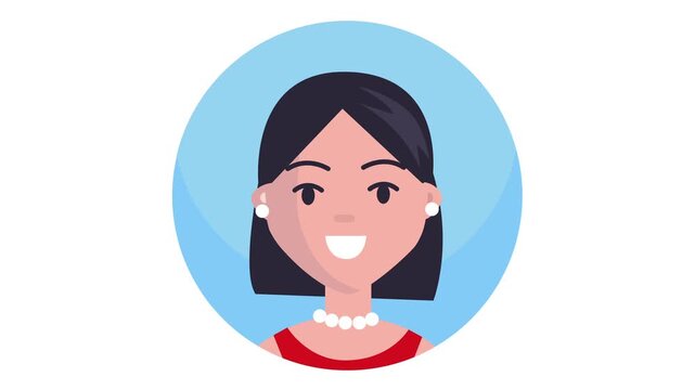 Flat vector animation of smiling woman avatar in blue circular frame