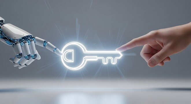 Close up of a robotic hand and a human hand reaching out to touch a glowing digital key icon symbolizing security and innovation.