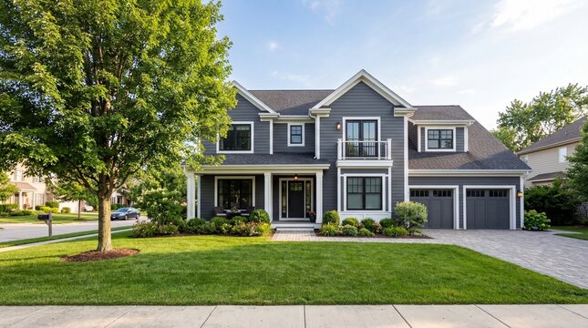 A large gray house with white trim and a well-manicured lawn in a suburban neighborhood
