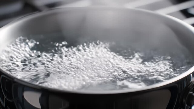 Hot water boiling in saucepan slow motion close up macro shot zoom selective focus
