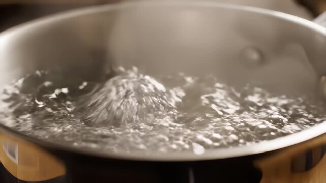 Hot water boiling in saucepan slow motion close up macro shot zoom selective focus