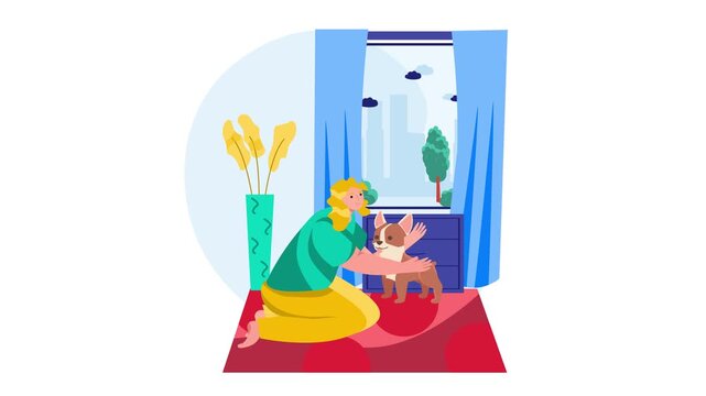 Flat animation of woman hugging dog in cozy apartment by window