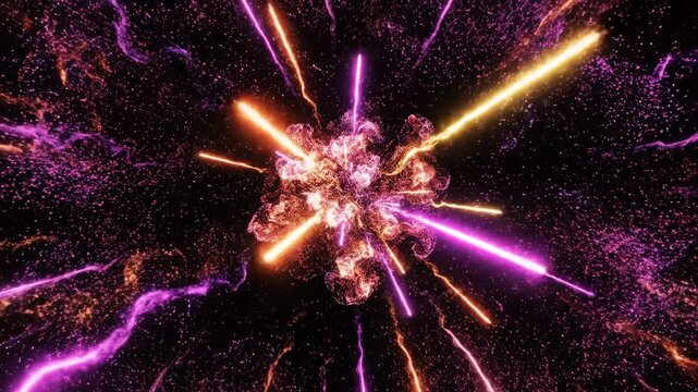Stunning Particle Explosion with vibrant pink and orange light rays bursting from a central core perfect for motion graphics and cinematic transitions.