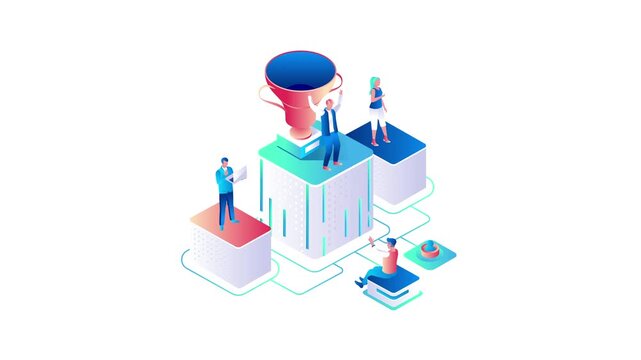 Isometric business people around trophy on connected platforms animation