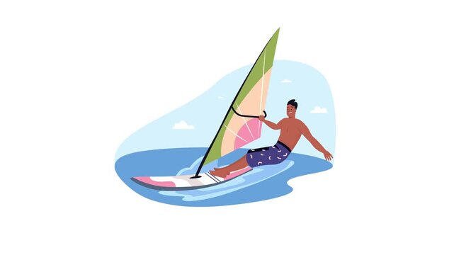 Animated man windsurfing on calm blue water in colorful flat illustration