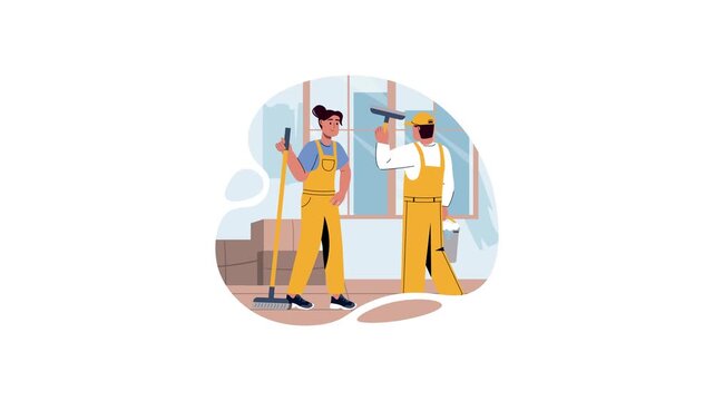 Animated cleaning crew washing windows in modern office interior