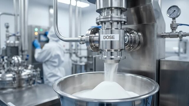 Pharmaceutical powder dosing machine dispensing powder into stainless steel container in cleanroom industrial environment with protective equipment and controlled production process