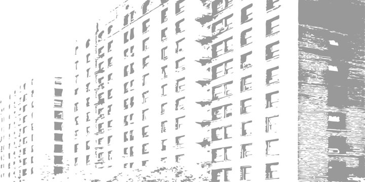 High contrast black and white architectural perspective of city apartment buildings with minimalist stencil art effect