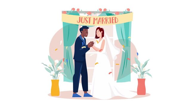 Animated just married couple holding hands under floral wedding arch