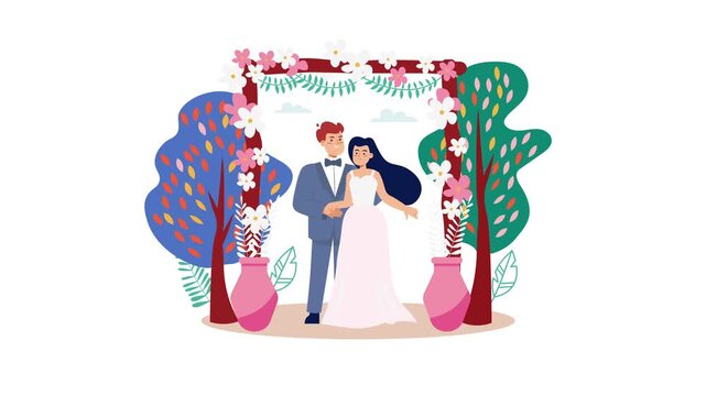 Newlywed couple under floral arch in romantic wedding garden illustration