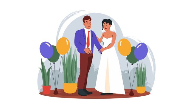 Animated bride and groom celebrating wedding with balloons and plants