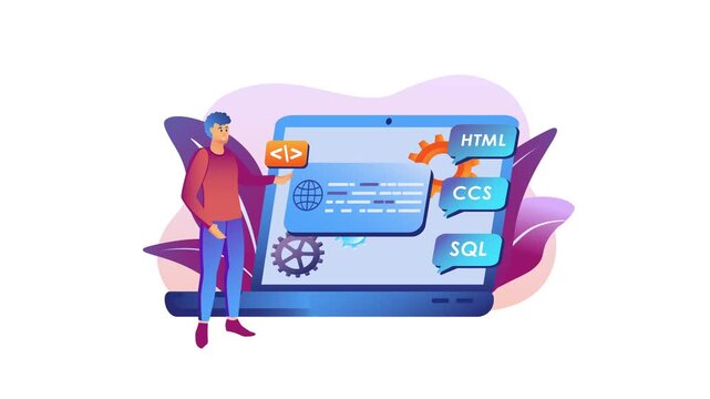 Animated web developer illustration with laptop, code and SQL icons