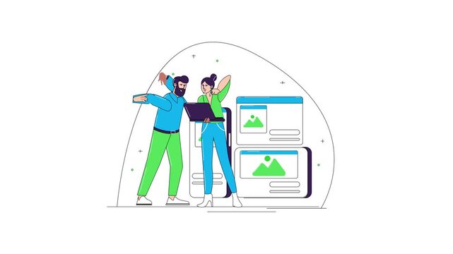 Web designers collaborating on website layout with laptop, animated illustration