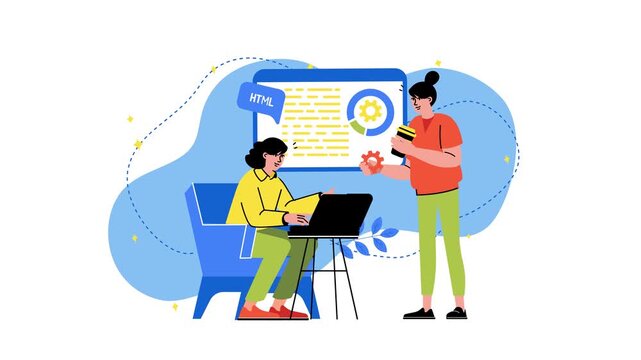 Animated web developers collaborating on HTML coding interface illustration