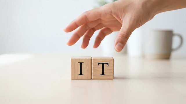 IT wooden block held by hand on table with blurred background cup technology concept alphabet education learning tool wooden toy digital communication symbol