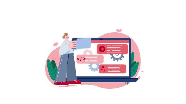 Animated programmer working on software code beside laptop interface