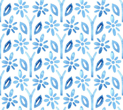 Seamless pastel watercolor floral pattern. Hand drawn blue flowers and leaves. Soft botanical folk style. Cute delicate design for fabric, wallpaper, packaging and textile.