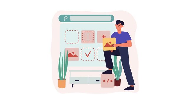 Animated man arranging website content blocks on creative web page