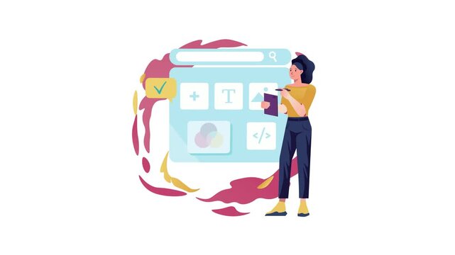 Flat animation of woman reviewing website layout with search interface