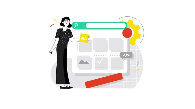 Animated woman editing website interface with search bar and gear icon