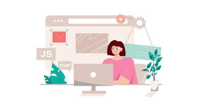Web developer animation with woman at computer and code interface