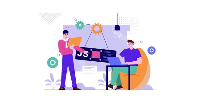 Animated web developers collaborating on PHP and JavaScript coding