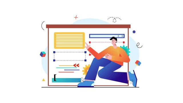 Animated web developer presenting interface elements on screen
