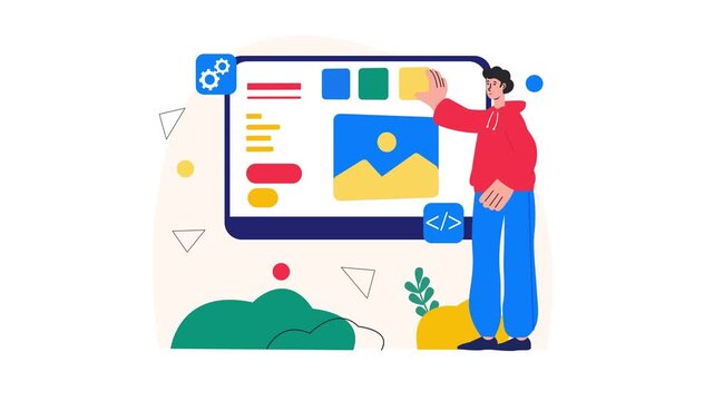 Animated web designer editing website layout on large screen interface