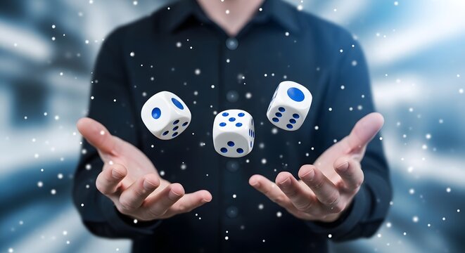A man in a black shirt levitating three white dice with blue dots