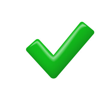 Glossy green check mark icon. Vector illustration of a 3D tick symbol, emblem of success, approval, task completion and right choice.