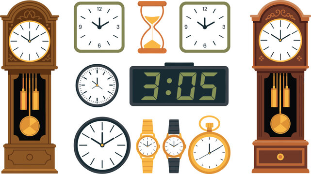 Clock and timepiece vector illustration set, vintage and modern clocks including wall, digital, hourglass and grandfather clocks, isolated collection for time management design