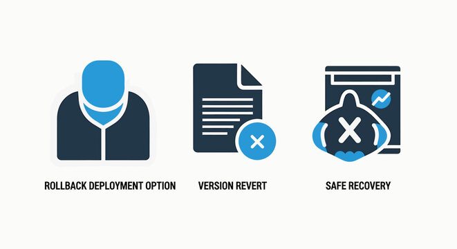 Data rollback and system recovery icons: deployment revert, version control, and safe restoration flat vector illustration