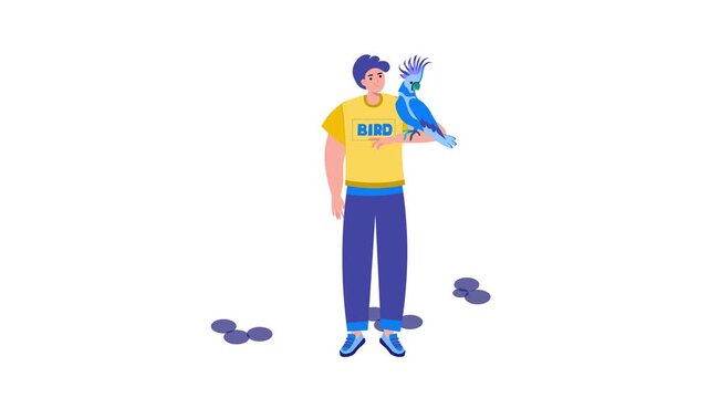 Young man with parrots in tropical bird garden flat animation