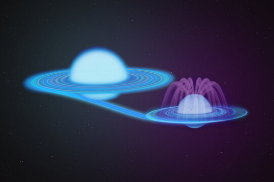  Le syst&egrave;me binaire Gamma Cas comprenant une &eacute;toile de type Be, entour&eacute;e d'un disque de mati&egrave;re dont une partie est accr&eacute;t&eacute;e vers le compagnon compact, une naine blanche, qui &eacute;met des rayons X.