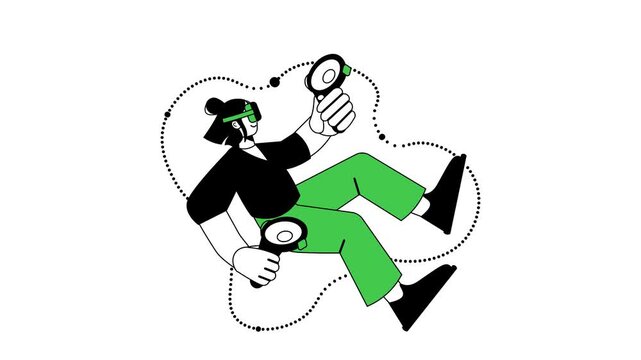 Woman using virtual reality headset and controllers in dynamic pose animation