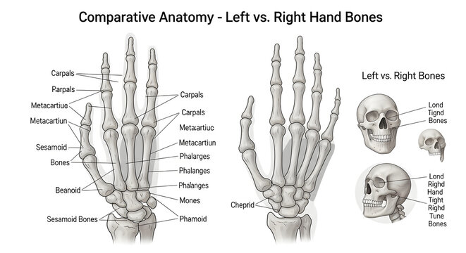Comparative anatomy of left and right hand bones including skull details with various skeletal labels
