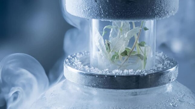 Cryogenic preservation of plant sample in laboratory setting with frost and ice crystals