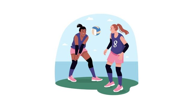 Women playing volleyball on outdoor court in flat animation illustration
