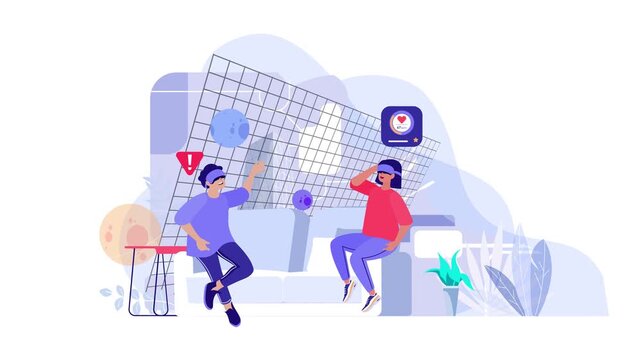 Animated illustration of two people wearing VR headsets on sofa at home