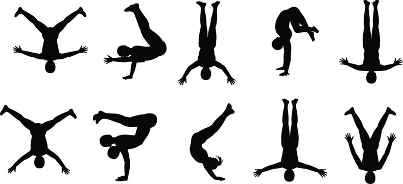 Parkour and freerunning silhouette set with men performing acrobatic jumps flips and athletic stunts for extreme sports design,