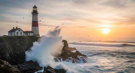 Obraz premium Dramatic Coastal Sunset at Pigeon Point Lighthouse with Crashing Waves and Seabirds. Serene Ocean View at Dusk.