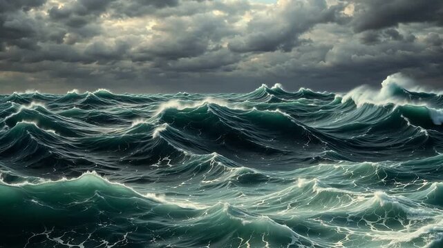 Churning ocean waves under stormy sky