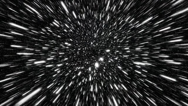 Cinematic Hyperspace Jump with glowing white light streaks across a dark starfield ideal for sci-fi movie backgrounds and space exploration concepts.