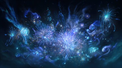 Fototapeta premium Cosmic explosion of abstract galactic fireworks in a vivid night sky