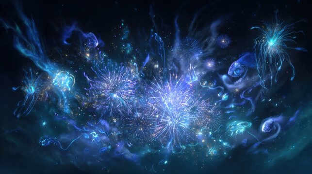 Cosmic explosion of abstract galactic fireworks in a vivid night sky